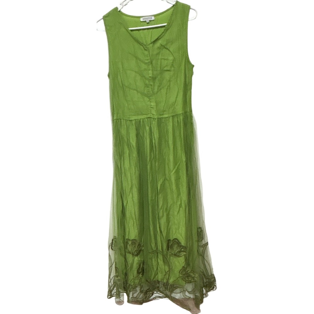 Misslook M Green Solid Mesh Embroidered V-Neck Sleeveless Zip Maxi Dress Long